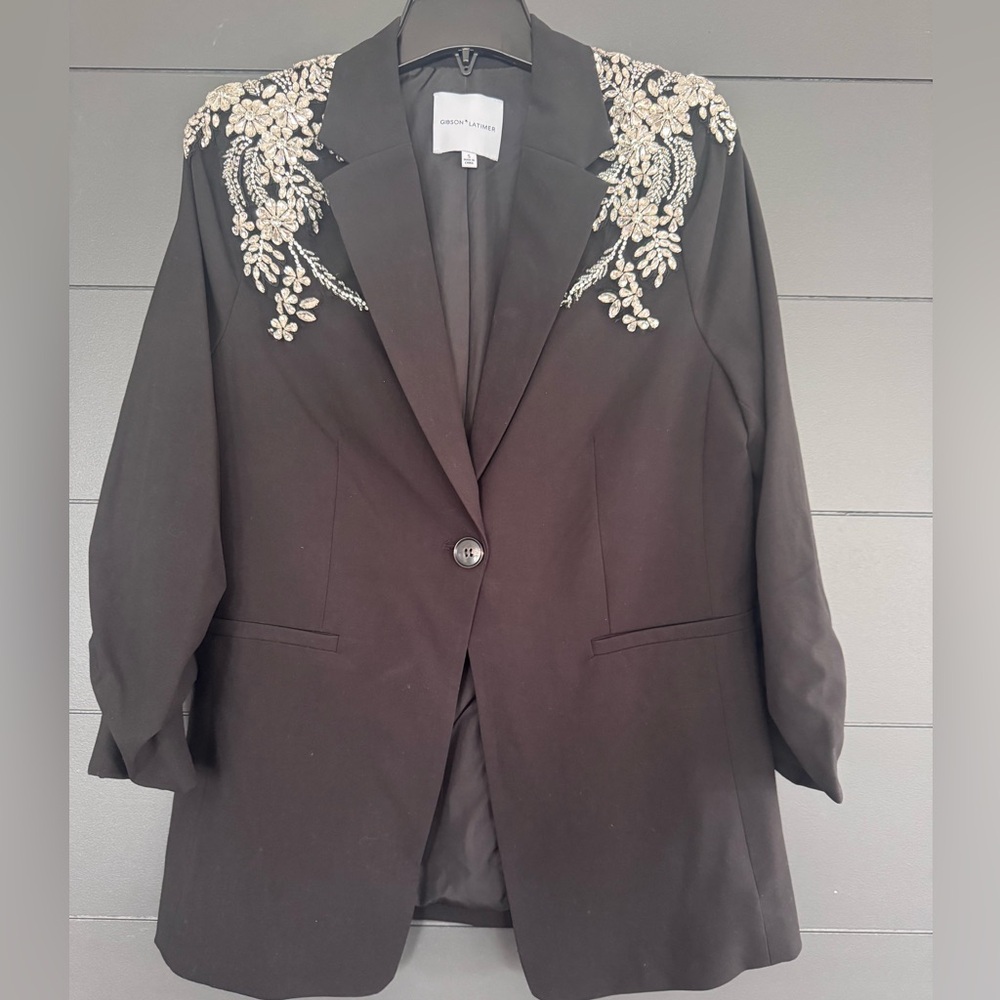 Gibson Latimer Black Blazer with Lace Appliqué and 3/4 Sleeves
